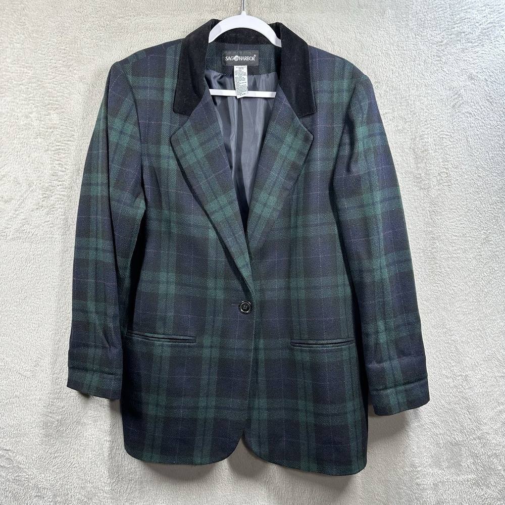 Sag Harbor Plaid Blazer‎ Jacket Womens 14 Green Wool Blend Heritage Retro Vtg